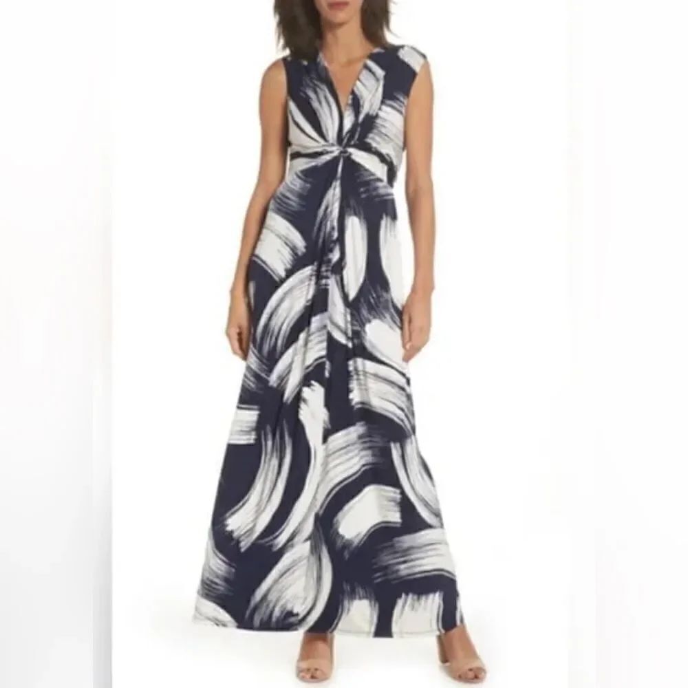 Eliza J Front Knot Sleeveless Jersey Blue Cream Maxi Summer Resort Dress Sz 6